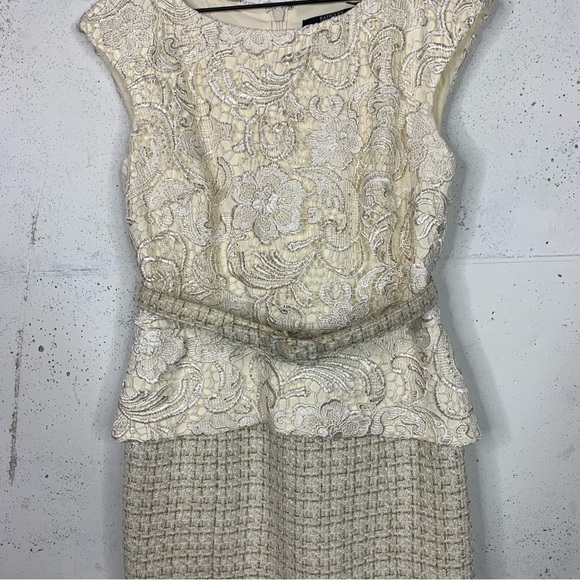 Badgley Mischka Lace And Tweed Gold Metallic Dress Size 8 - Picture 3 of 16